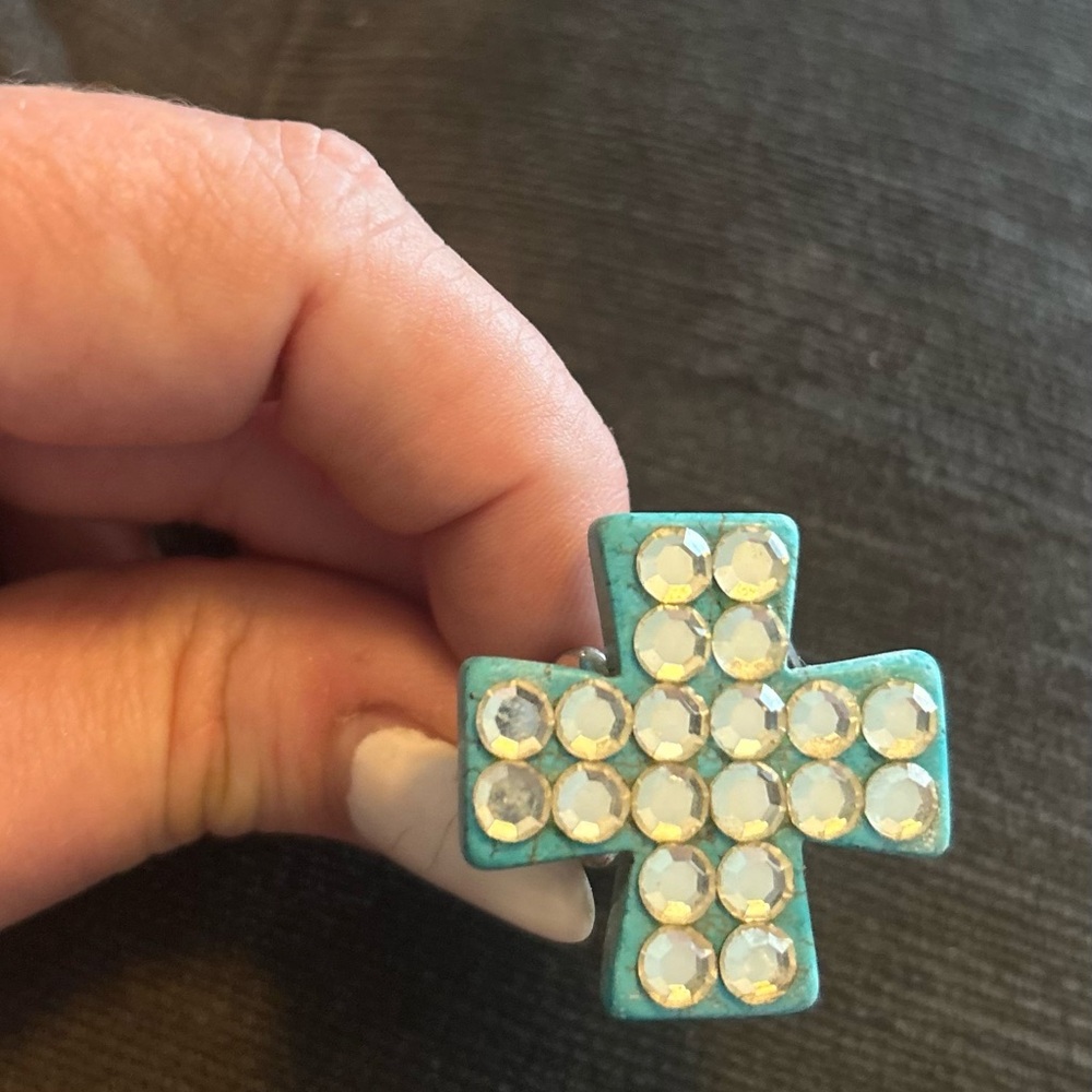 Adjustable turquoise cross ring with Swarovski crystals